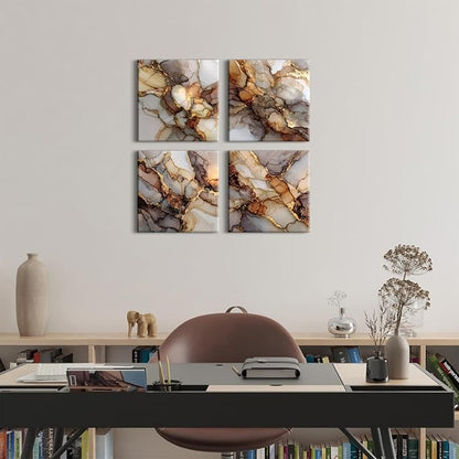 Gold Abstract Canvas Wall Art Marble Paintings Wall Decor Modern Fluid Texture Pictures for Walls Modern Home Decor Luxury Posters for Living Room Bedroom Office Artwork Decorations 12x12” 4 Pcs