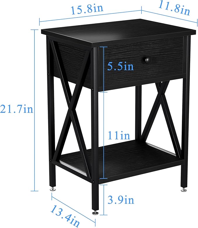 VECELO Nightstand,Modern Bedside End Table, Night Stand with Drawer and Storage Shelf for Living Room Bedroom, Industrial Metal Frame