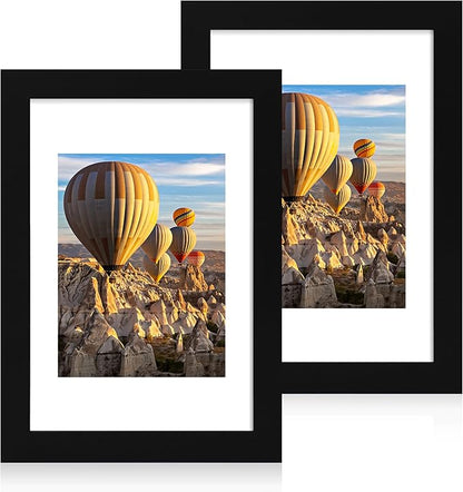 iRahmen 8x12 Picture Frame with Mat 6x8 - High Definition Real Glass Wooden Photo Frames for Tabletop Display and Wall Mounting (Pure Black, Set of 2)