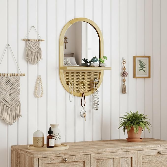 Wood Wall Mirror with Hooks, 22x14 Inch Boho Wall Mirror with Removable Shelf, Oval Solid Wood Framed, Handmade Rattan Mirror Decor Accent for Entryway, Bathroom, Nursery, Bedroom, Living Room