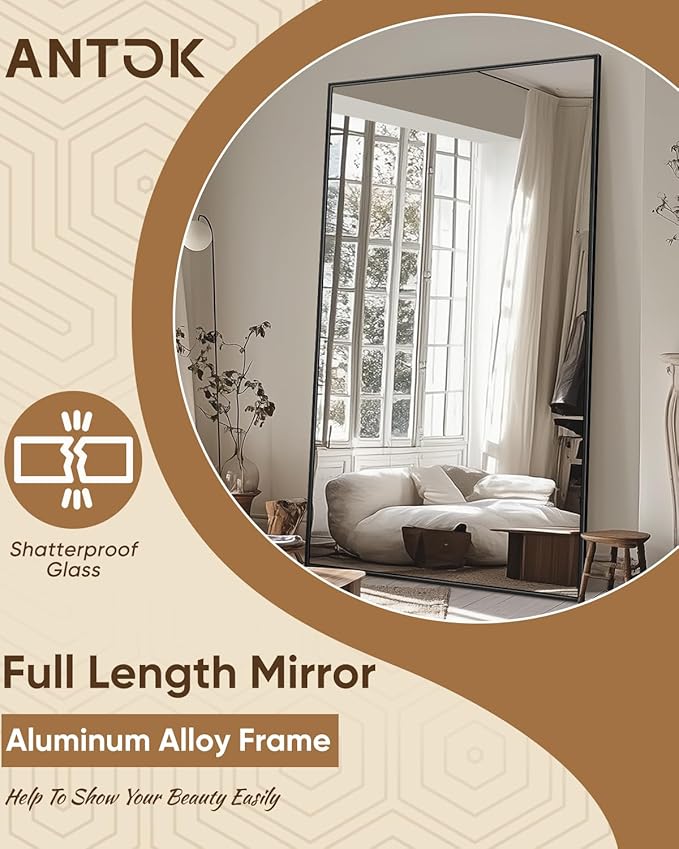 Antok Full Length Mirror, 86"x46" Oversized Floor Mirror Freestanding, Full Body Mirrors Floor Standing Mirror with Stand, Hanging Mounted Mirrors for Living Room Cloakroom,Black,Rect Style