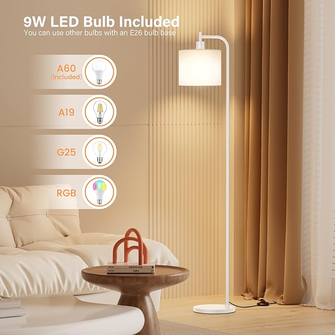 SIBRILLE Floor Lamp with Linen Shade, Dimmable Tall Standing Lamp with Remote Control & 3 Color Temperatures, Modern Corner Floor Lamps for Living Room Bedroom Office, 9W LED Bulb Included