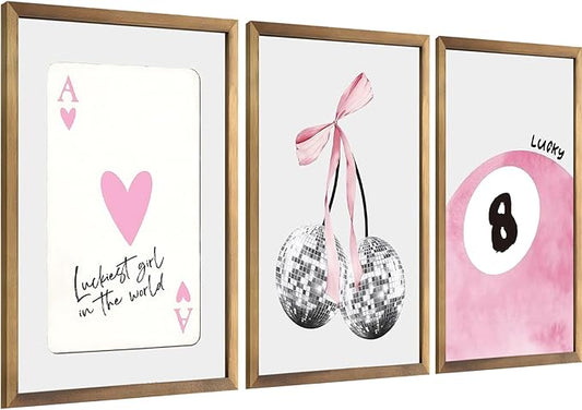 JBZZD Pink Coquette Canvas Wall Art Set of 3 Trendy Preppy Disco 8 Ball Cherry Wall Decor Posters Room Decor Prints Pictures for College Apartment Girls Bedroom Living Room Unframed 12x16 In