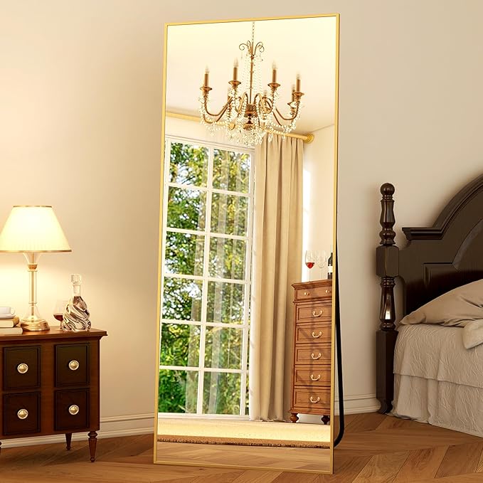 GLSLAND 64"x21" Full Length Mirror Big Standing Mirror Freestanding Hanging or Leaning Rectangle Floor Mirror Aluminum Alloy Thin Frame for Bedroom Living Room,Gold