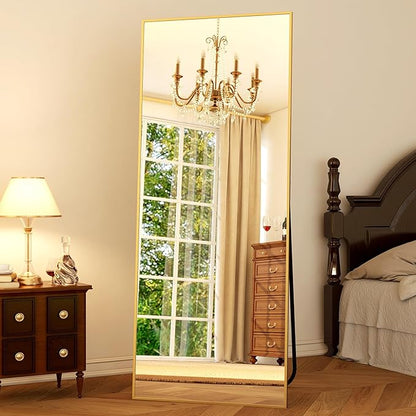 GLSLAND 64"x21" Full Length Mirror Big Standing Mirror Freestanding Hanging or Leaning Rectangle Floor Mirror Aluminum Alloy Thin Frame for Bedroom Living Room,Gold