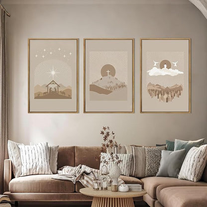 IARTTOP Jesus Christian God Framed Wall Art Large 16x24 Inch Nativity Religious Canvas Wall Decor Grey Brown Catholic Artwork for Church Living room Dining room Set of 3