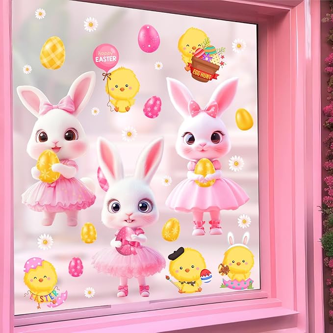 Pink Easter Window Clings Decoration Stickers for Glass Bunny Decals for Girls Bedroom Double-Side Spring Easters Eggs Cling Chick Rabbit Sticker for Living Room Kitchen Holiday Home Indoor Decor