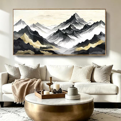 Extra Large Framed Natural Abstract Living Room Wall Art, Black White And Gold Mountain Canvas Wall Decor, Modern And Elegant Landscape Print Picture For Dining Rooms, Bedrooms, Lounges, Offices, And Hallways. 58X29 Inches.