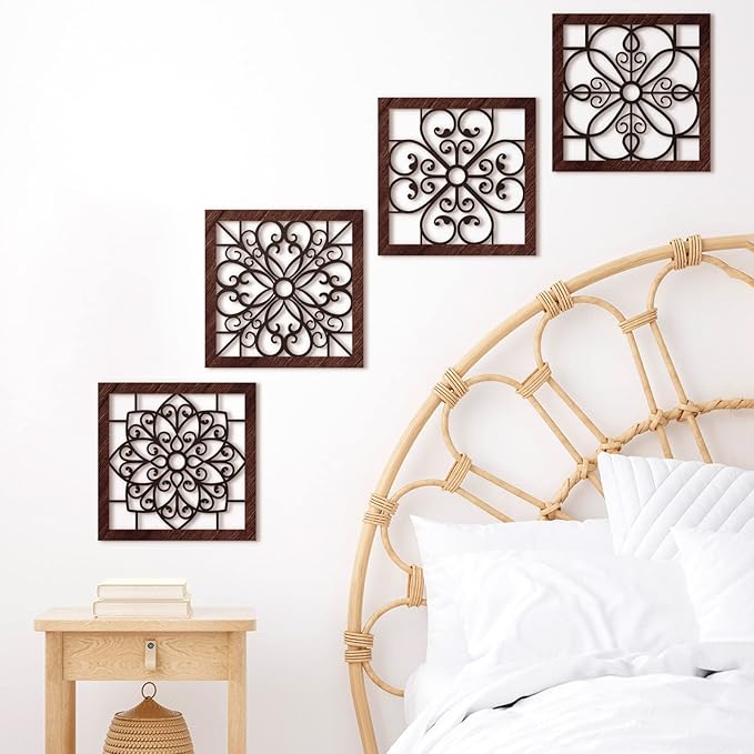 Yulejo 4 Piece Thicken Rustic Wall Decor - Wooden Hollow Carved Design Rustic Wall Art for Living Room, Bedroom, Hallway, Office, Kitchen (Brown, Black)