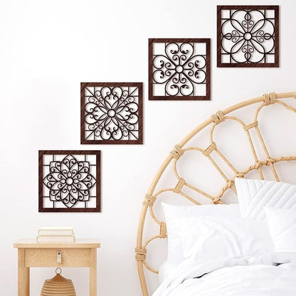 Yulejo 4 Piece Thicken Rustic Wall Decor - Wooden Hollow Carved Design Rustic Wall Art for Living Room, Bedroom, Hallway, Office, Kitchen (Brown, Black)
