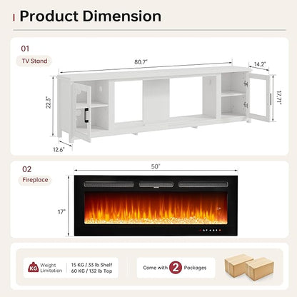 oneinmil 80" Fireplace TV Stand, 50 Inch Smart Fireplace & Modern Entertainment Center, Fire Place TV Console with WI-FI Enabled for TVs Up to 90", TV Stands for Living Room, White