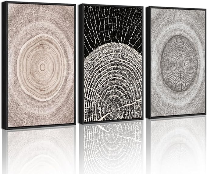 PHOPAGO Vintage Wood Tree Rings Wall Art Farmhouse Rustic Framed Canvas Paintings Living Room Bedroom Decor Nature Artwork 11x14in Black Framed