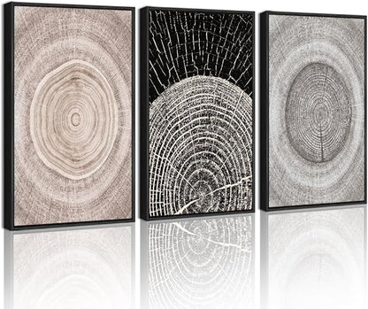 PHOPAGO Vintage Wood Tree Rings Wall Art Farmhouse Rustic Framed Canvas Paintings Living Room Bedroom Decor Nature Artwork 11x14in Black Framed
