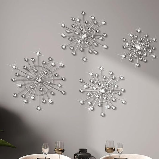 Blulu 4 Pcs Silver Wall Decor Bling Crystal Wall Art Cast Iron Rhinestones Sunburst Decor Metal Starburst Art Hanging Diamond Accents Decorative for Living Room Bedroom Entryway(Silver)