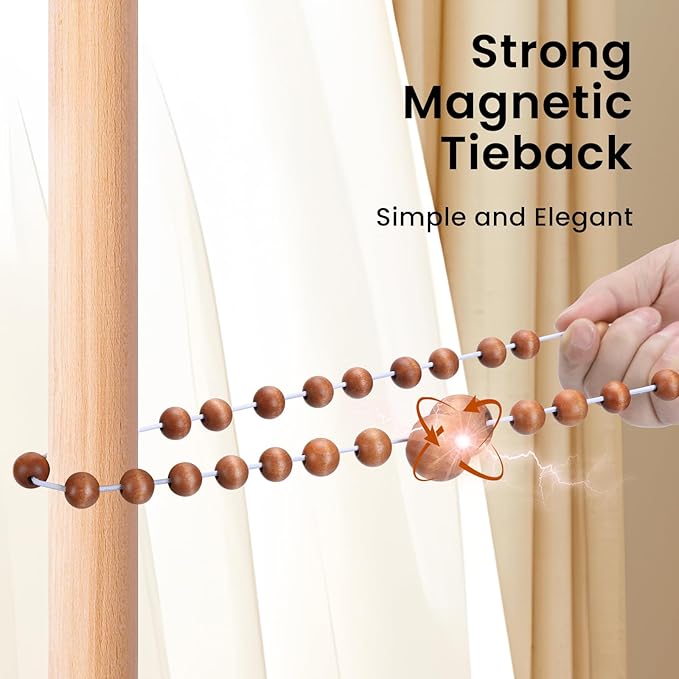 KLOGTSIND Magnetic Curtain Tiebacks, Curtain Tie Backs for Curtains 2 Pack, Wood Bead Curtain Tiebacks, Curtain Holders for Boho Bedroom Decor, Baby Nursery Decor, Farmhouse Decor