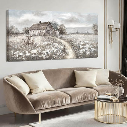 Highland Cow Canvas Wall Art, Neutral Landscape – Rustic Country Cottage with Beige Meadow Flowers, Large Framed Canvas, Ready to Hang, 24x48 Inches