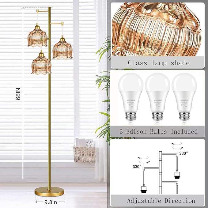 AHDWDW Gold Floor Lamp for Living Room Bedroom,Modern Floor Lamps with Unique Glass Shades,68IN Mid Century Tall Standing Lamp,Vintage Tree Floor Lamp for Corner Office Reading,3 Light Bulb Included