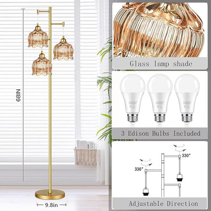 AHDWDW Gold Floor Lamp for Living Room Bedroom,Modern Floor Lamps with Unique Glass Shades,68IN Mid Century Tall Standing Lamp,Vintage Tree Floor Lamp for Corner Office Reading,3 Light Bulb Included