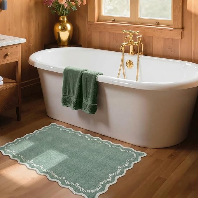 GarveeHome Scalloped Entryway Rug, 2x3 Sage Green Washable Front Door Rug Indoor Entrance Floral Carpet Non-Slip Low Pile Throw Rugs for Kitchen Floor, Powder Room, Entry, Bathroom, Kids Room