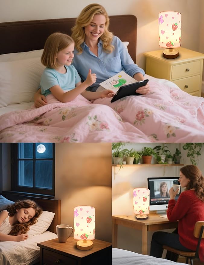 Strawberry Lamp, Strawberry Room Decor for Girls,3 Color Changing LED Night Light with 9 Brightness Levels Wood Nightstand Desk Base Flaxen Fabric Shade for Bedroom Living Room (Pink strawberry)