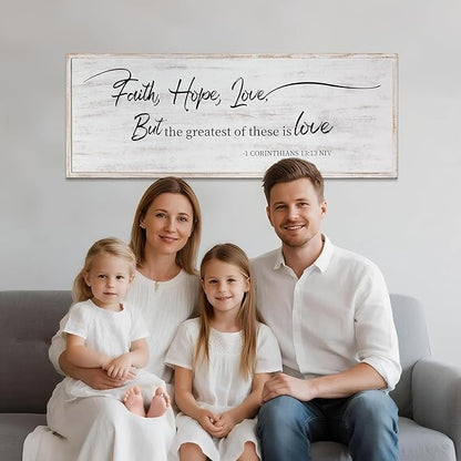 Faith Hope and Love Bible Verses Framed Wall Sign For Family Living Room Kitchen Farmhouse Dining Room Vintage Boho Wall Art Decoration For Living Room Bedroom, 40 x 15 Inch, White