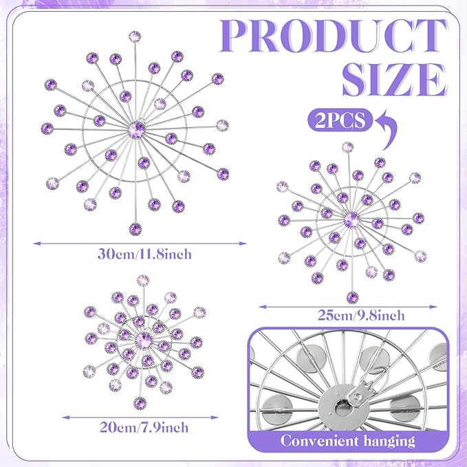 Blulu 4 Pcs Metal Wall Decor Bling Crystal Wall Art Cast Iron Rhinestones Sunburst Decor Starburst Art Hanging Diamond Accents Decorative for Living Room Bedroom Entryway (Purple)
