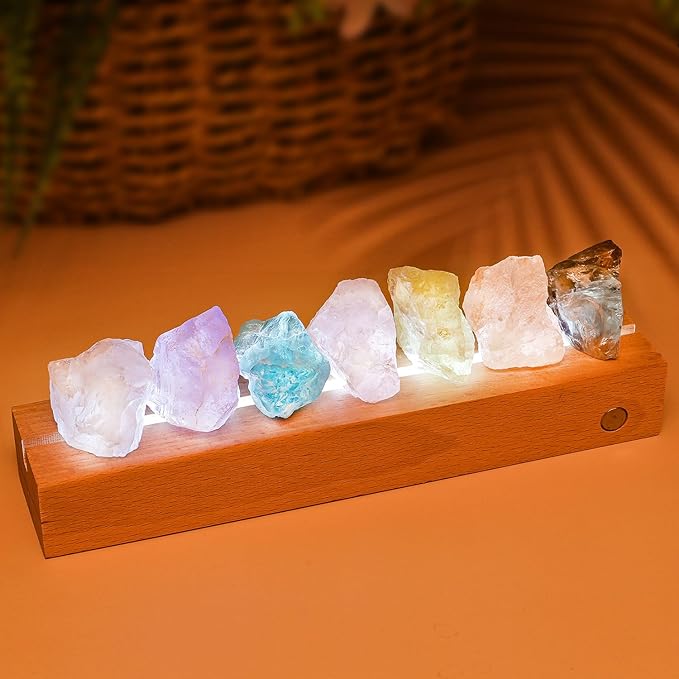 Healing Crystal Night Light, 7 Chakra Natural Bedside Lamp with Wooden LED Light Base, Healing Stones Positive Energy Night Lights for Home Decor Gifts (Rechargeable)