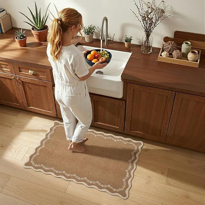 GarveeHome Scalloped Entryway Rug, 2x3 Solid Brown Washable Front Door Rug Indoor Entrance Floral Carpet Non-Slip Low Pile Throw Rugs for Kitchen Floor, Powder Room, Entry, Bathroom, Kids Room