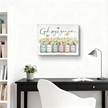 Inspirational Bible Verse Wall Art God Says You Are Sayings Wall Decort Christian Gift Quotes Painting scripture Pictures Print Flowers in Mason Jar Poster for Women Girls Bedroom(16x12 Canvas)