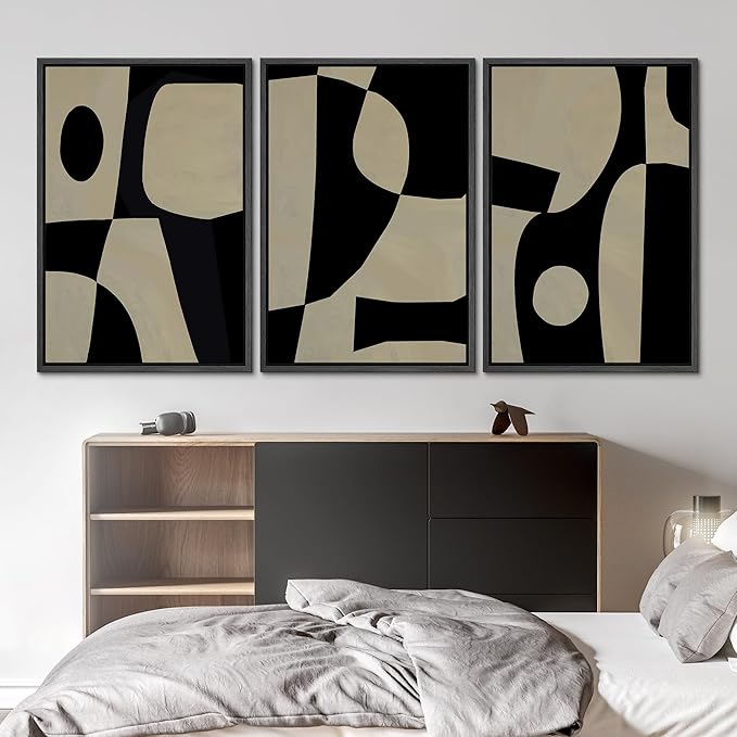 SIGNLEADER Framed Canvas Print Wall Art Set Black Geometirc Block Abstract Shapes Illustrations Minimal Decorative Bohemian Nordic for Living Room, Bedroom, Office - 16"x24"x3 BLACK