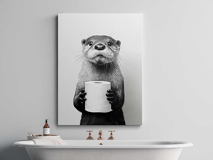 Black and White Bathroom Wall Art Canvas Framed Painting Otter with Toilet Paper Roll Humorous Animal Poster Wall Decor Artwork for Bathroom Guest Bath Decor 16x24 Inches