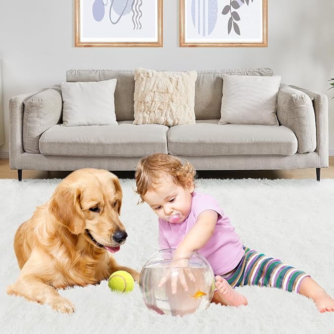Puremy 6x9 White Area Rugs for Living Room, Fluffy Shaggy Rug for Bedroom, Anti-Skid High Pile Indoor Carpet for Nursery, Kids Room, Bedside, Home Decor