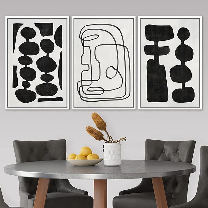SIGNLEADER Framed Canvas Print Wall Art Set Retro Mid-Century Boho Duotone Collage Abstract Shapes Illustrations Minimal Decorative Bohemian Nordic for Living Room, Bedroom, Office - 16"x24"x3 White