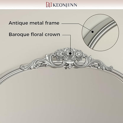 Keonjinn Vintage Mirror for Wall, 36" x 30" Silver Antique Mirrors with Metal Frame, Baroque Style Decoration for Mantle, Bathroom, Living Room, Fireplace, Bedroom, French Cleat Mounting