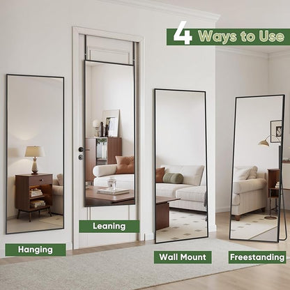 Suidia Full Length Mirror Over the Door&Wall Mounted, 48"x14" Door Mirror with Aluminum Alloy Frame, HD Shatterproof, No-Drill, Hanging Mirrors for Bedroom, Bathroom, Dorm, Closet, Rect, Black