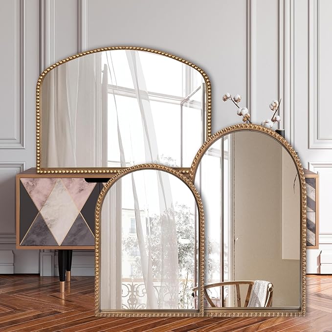 BAODANFU Vanity Mirror for Bedroom, 35" x 28" Large Arch Vintage Gold Wall Mirror, Beaded Frame Decorative Accent Mirrors for Washroom, Living Room, Entryway, Bathroom, Fireplace
