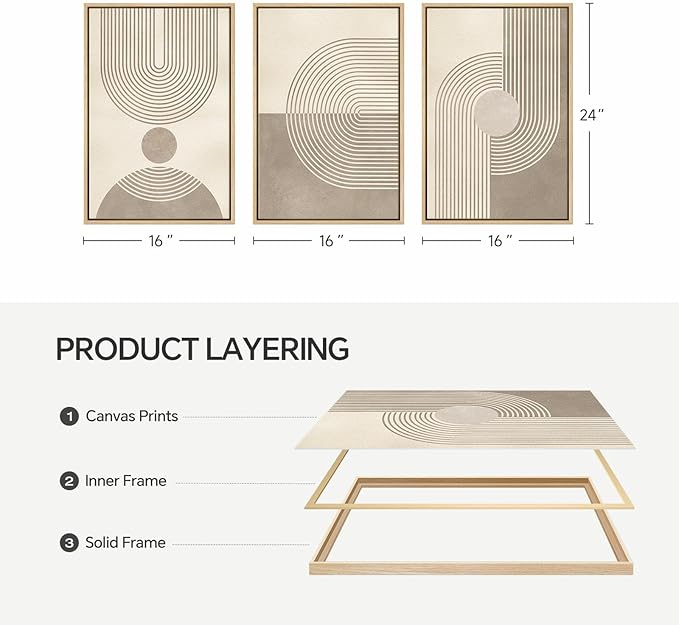 Framed Neutral Modern Minimalist Wall Art for Living Room, 3 Piece Boho Abstract Canvas Prints Artwork for Walls, Mid Century Boho Neutral Geometric Paintings for Bedroom Hallway Wall Decor, 16x24 In