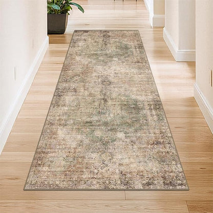 Vintage 2x5 Runner Rugs for Indoor Entryway, Washable Farmhouse Kitchen Rugs, Entryway Indoor Runner for Bathroom, Green and Brown Home Office Floor Rug, Non-Slip Stain & Fade Resistant