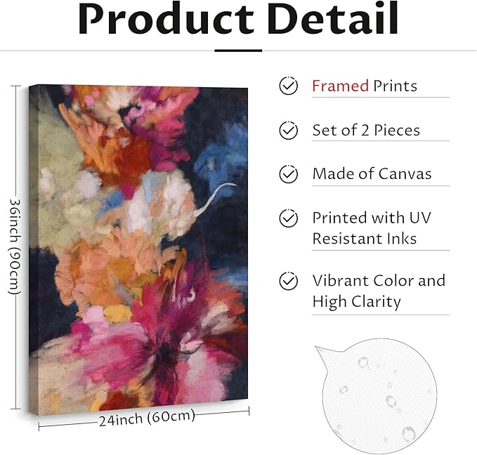 Colorful Abstract Wall Art Decor Modern Flower Canvas Wall Art Abstract Flower Pictures Painting Modern Colorful Artwork Posters Abstract Prints for Living Room Bedroom 24x36 Ready to Hang Set of 2