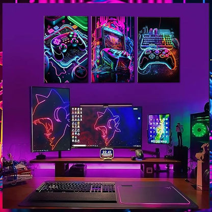 BGFCE Game Room Decor Set of 3 - Neon Gaming Accessories Theme Canvas Wall Art, Gamer Console Paintings Posters Picture Wall Decor for Children Youth Boys Bedroom 16x24in Framed