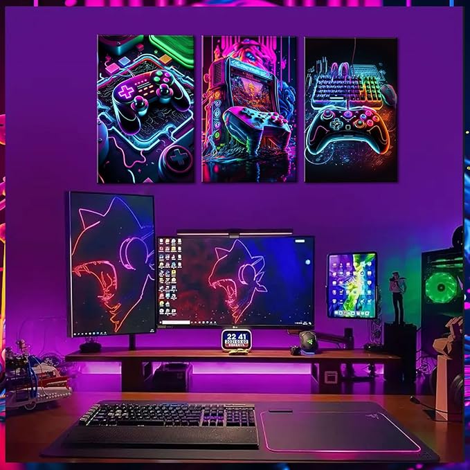 BGFCE Game Room Decor Posters Set of 3 - Neon Gaming Accessories Theme Canvas Wall Art, Gamer Console Paintings Picture Wall Decor for Children Youth Boys Bedroom 12x16 inch Framed
