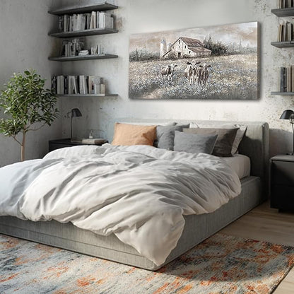 LEVERUP Farmhouse Landscape Painting, Rustic Country Barn Art,rural style decorative paintings 20x40 inch Highland cattle decor for living room bedroom