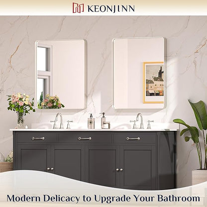 Keonjinn 24 x 30 Inch Brushed Nickel Bathroom Mirrors for Over Sink, Rounded Rectangle Silver Bathroom Vanity Mirror, Farmhouse Mirror for Wall, HD Tempered Glass, Anti-Rust Aluminum Alloy Mirror