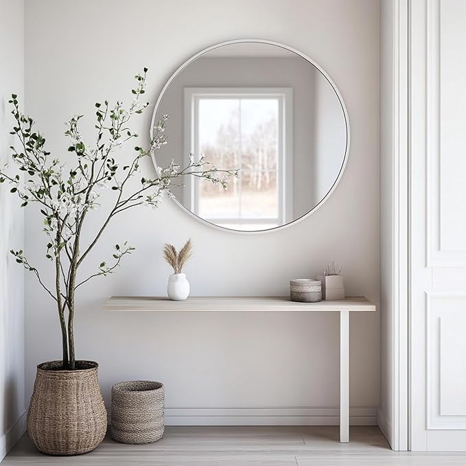 Oruii White Round Mirror, White Round Mirror 24 inch, Circle Wall Mirrors Metal Frame, Circular Mirrors for Bathroom, Wall, Living Room, Entryway, Hallway, Vanity, Rustic