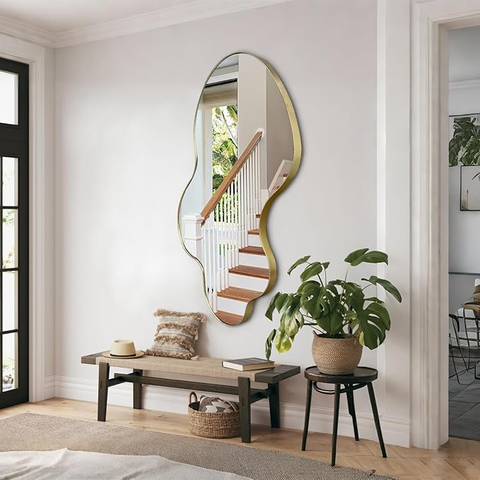 Gold Irregular Mirror, 23.6"x46.5" Asymmetrical Wall Mirror with Metal Frame, Modern Abstract Mirrors for Living Room Bathroom Bedroom Hallway Entryway, Hangs Vertically or Horizontally