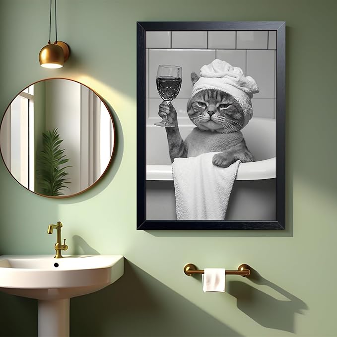 ARKZSHO Funny Black Cat Bathroom Wall Decor Black and White Wall Art Canvas Print Modern Farmhouse Restroom Home Decoration (Framed 16''x24'')
