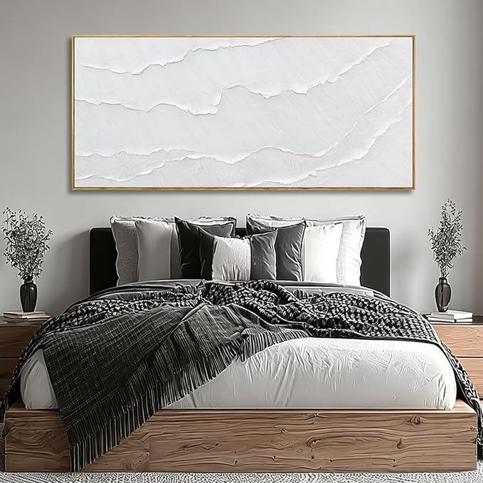 WINKAILIN White Wave Wall Art Textured Canvas Hand-drawn Minimalist Pictures Modern Oversized Painting Extra Large Artwork for Living Room Office Hallway Home Decoration 32x70 Inch
