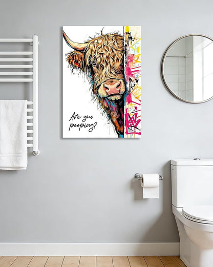 Funny Highland Cow Bathroom Wall Art, Are You Pooping? Graffiti Pop Art Canvas Prints, 16x24 Inch Framed Humorous Farmhouse Bathroom Decor, Colorful Cow Picture for Toilet Washroom Powder Room