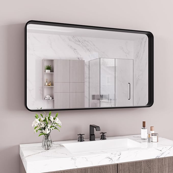 JISOSO Black Bathroom Mirror 72X40 Inch, Black Metal Framed Mirror for Wall, Rounded Rectangle Matte Bathroom Vanity Mirror with Tempered Glass, Anti-Rust, Horizontal/Vertical