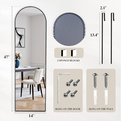 DUMOS Full Length Mirror 47x14 Inches - Arched Full Body Door Hanging Wall Mounted Aluminum Alloy Frame Mirror for Bedroom, Dressing Room, Entryway, Black